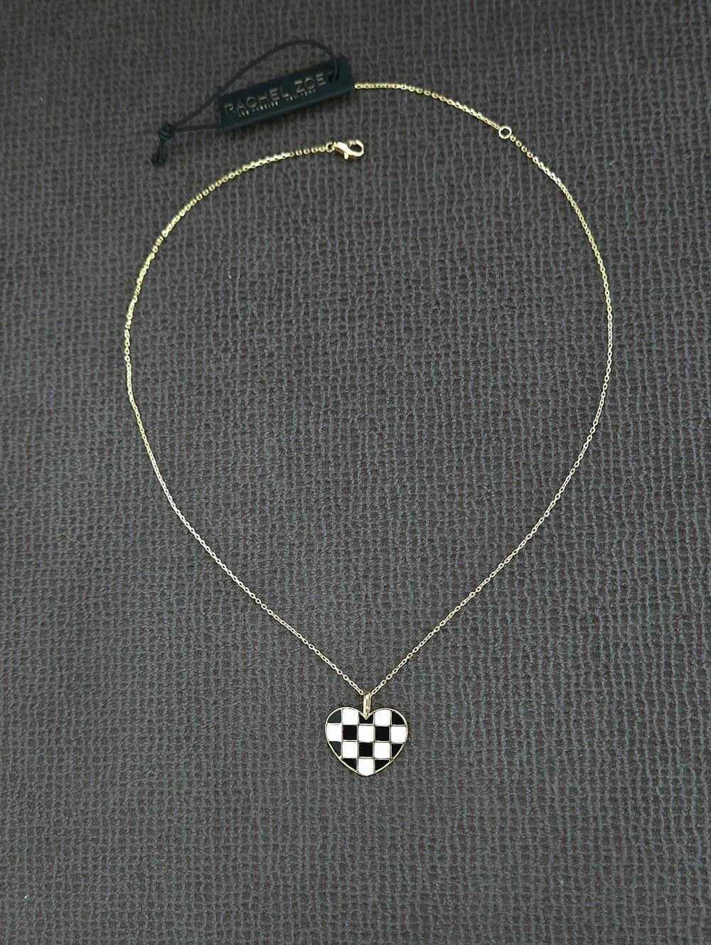 Rachel Zoe Black and White Checkered🏁 Enamel Heart♥️ Pendant Necklace - NWT